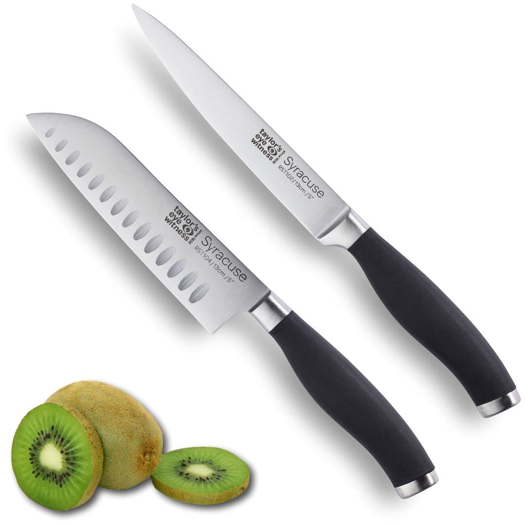 Taylors Eye Witness Syracuse Asian Kitchen Knife Set - Chefs Santoku 13cm/5” & Cooks All Purpose 13cm/5” Cutting Edge, Multi Use. Ultra Fine, Razor Sharp Blade. Soft Textured Grip Matte Black Handle.