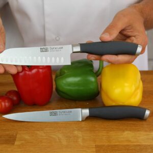 Taylors Eye Witness Syracuse Asian Kitchen Knife Set - Chefs Santoku 13cm/5” & Cooks All Purpose 13cm/5” Cutting Edge, Multi Use. Ultra Fine, Razor Sharp Blade. Soft Textured Grip Matte Black Handle.