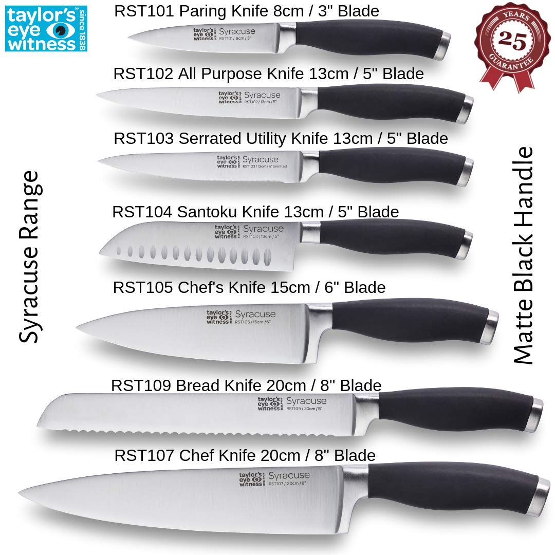 Taylors Eye Witness Syracuse Asian Kitchen Knife Set - Chefs Santoku 13cm/5” & Cooks All Purpose 13cm/5” Cutting Edge, Multi Use. Ultra Fine, Razor Sharp Blade. Soft Textured Grip Matte Black Handle.