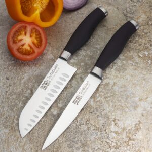 Taylors Eye Witness Syracuse Asian Kitchen Knife Set - Chefs Santoku 13cm/5” & Cooks All Purpose 13cm/5” Cutting Edge, Multi Use. Ultra Fine, Razor Sharp Blade. Soft Textured Grip Matte Black Handle.