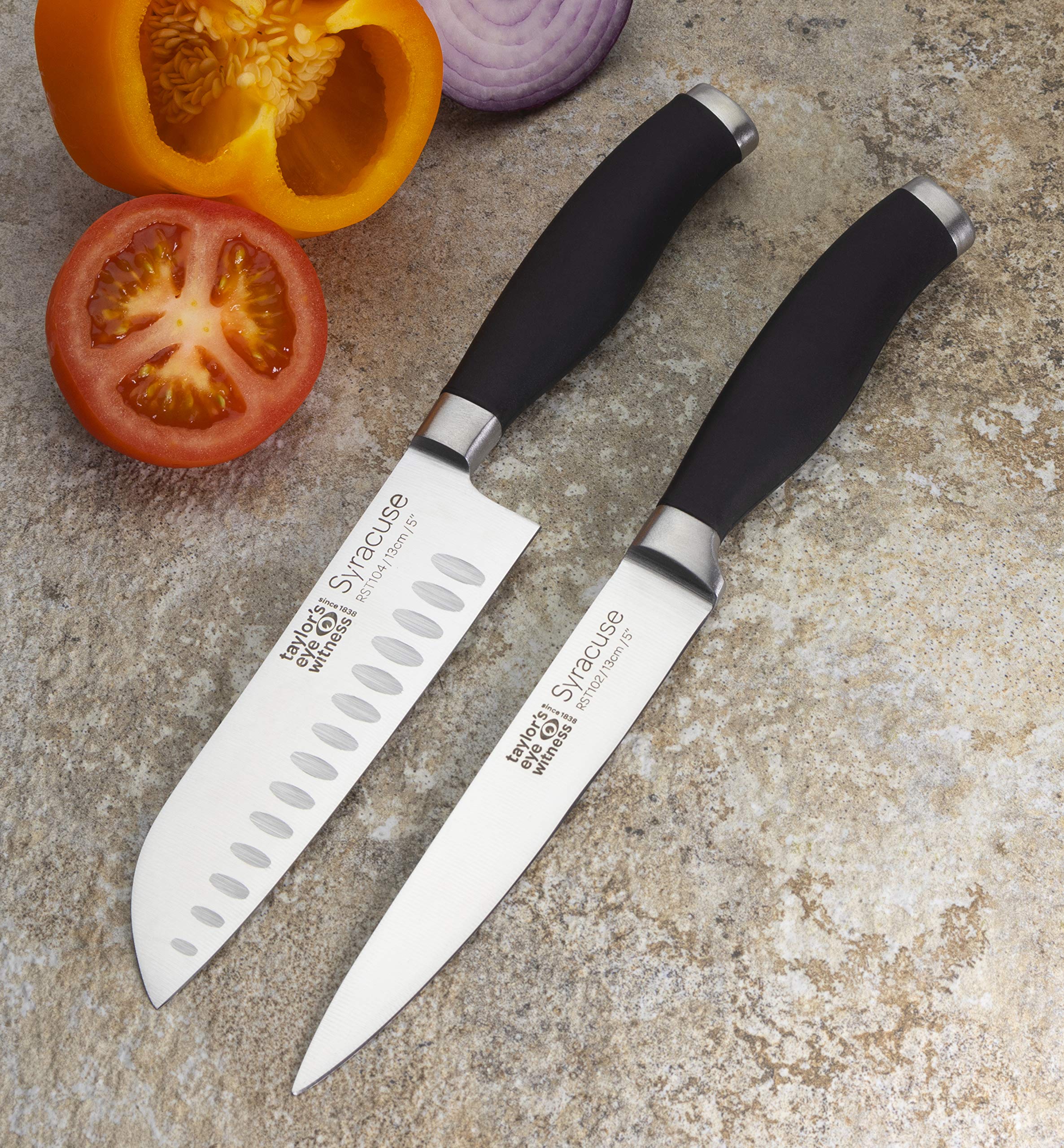 Taylors Eye Witness Syracuse Asian Kitchen Knife Set - Chefs Santoku 13cm/5” & Cooks All Purpose 13cm/5” Cutting Edge, Multi Use. Ultra Fine, Razor Sharp Blade. Soft Textured Grip Matte Black Handle.