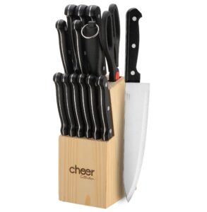 cheer collection 13-piece stainless steel knife set with wooden block | premium steak, paring, carving, and butcher knives with kitchen shears | razor sharp, ergonomic grip