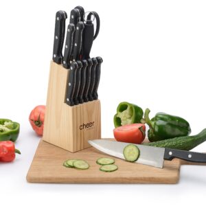 Cheer Collection 13-Piece Stainless Steel Knife Set with Wooden Block | Premium Steak, Paring, Carving, and Butcher Knives with Kitchen Shears | Razor Sharp, Ergonomic Grip