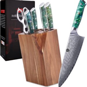 WILDMOK Damascus Kitchen Knife with Block 7pcs Premium Kitchen Knives Set with Resin Handle Professional Ultra Sharp Chef Knives Set with Gift Box