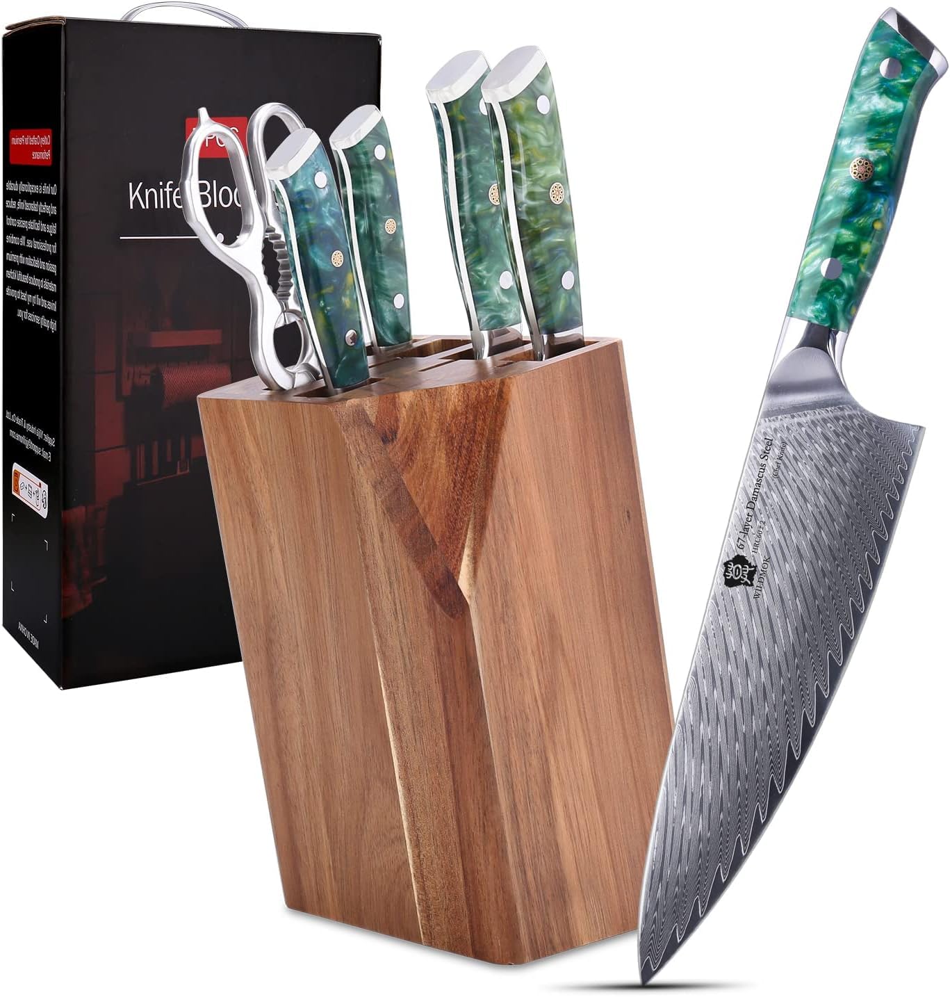 WILDMOK Damascus Kitchen Knife with Block 7pcs Premium Kitchen Knives Set with Resin Handle Professional Ultra Sharp Chef Knives Set with Gift Box