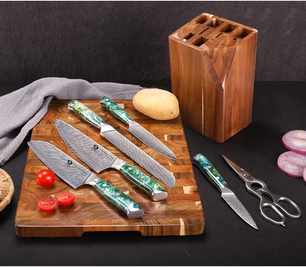 WILDMOK Damascus Kitchen Knife with Block 7pcs Premium Kitchen Knives Set with Resin Handle Professional Ultra Sharp Chef Knives Set with Gift Box