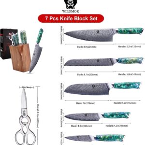 WILDMOK Damascus Kitchen Knife with Block 7pcs Premium Kitchen Knives Set with Resin Handle Professional Ultra Sharp Chef Knives Set with Gift Box