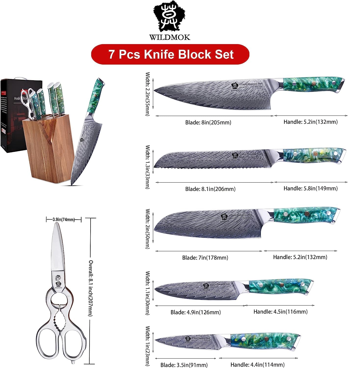 WILDMOK Damascus Kitchen Knife with Block 7pcs Premium Kitchen Knives Set with Resin Handle Professional Ultra Sharp Chef Knives Set with Gift Box