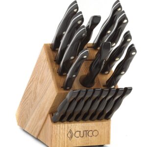 CUTCO Model 2018 Homemaker+8 Set Includes (8) #1759 Table Knives, (10) Kitchen Knives & Forks, 1748 Honey Oak knife block, 82 Sharpener, and #125 Medium Poly Prep cutting board