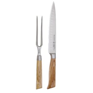 messermeister oliva elite kullenschliff carving knife set - includes 8” kullenschliff carving knife & 6” straight carving fork - german steel alloy blade & mediterranean wood handle