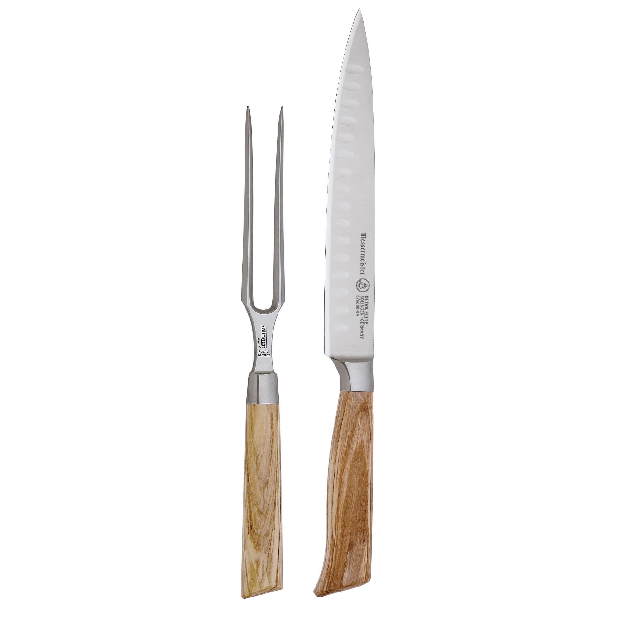 Messermeister Oliva Elite Kullenschliff Carving Knife Set - Includes 8” Kullenschliff Carving Knife & 6” Straight Carving Fork - German Steel Alloy Blade & Mediterranean Wood Handle