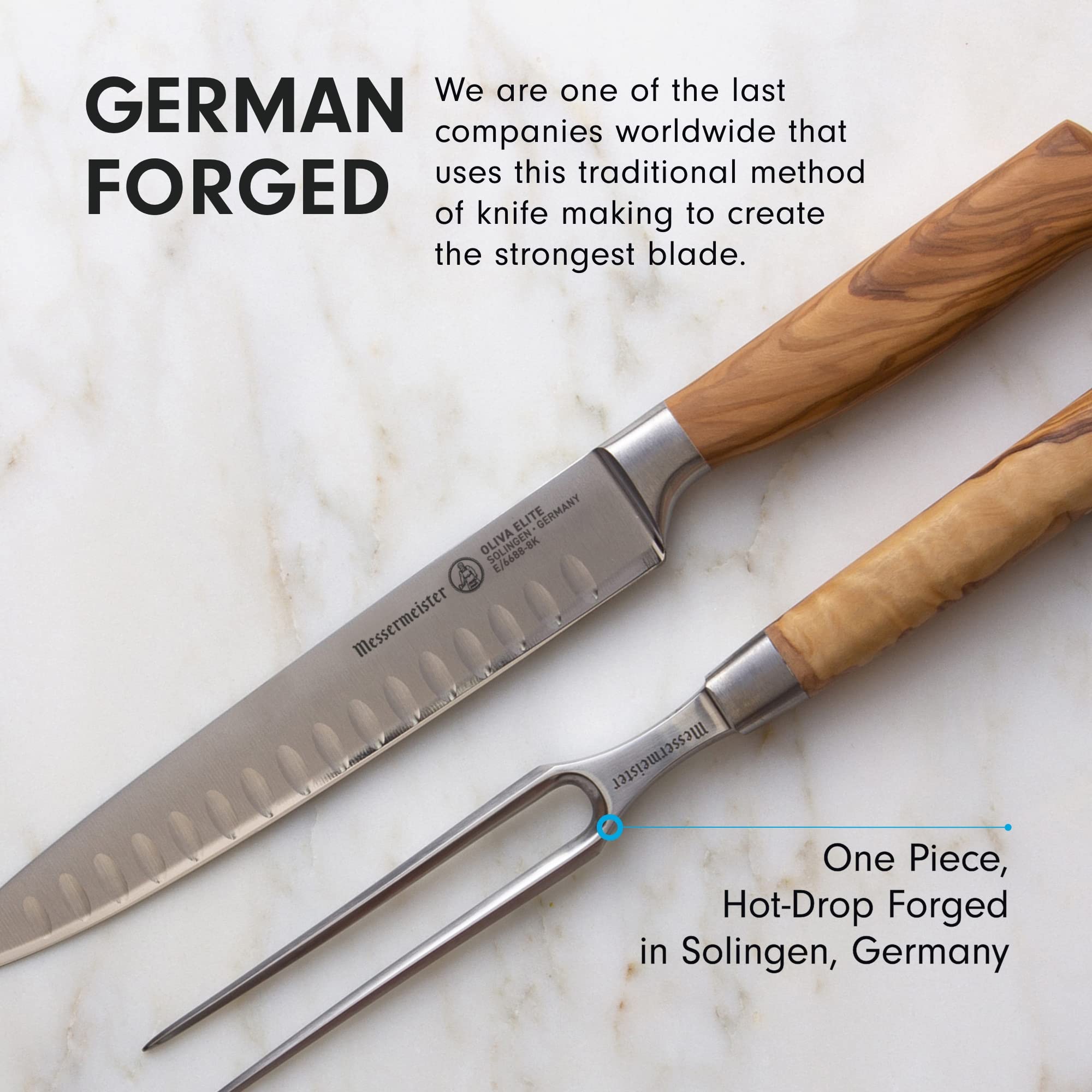 Messermeister Oliva Elite Kullenschliff Carving Knife Set - Includes 8” Kullenschliff Carving Knife & 6” Straight Carving Fork - German Steel Alloy Blade & Mediterranean Wood Handle