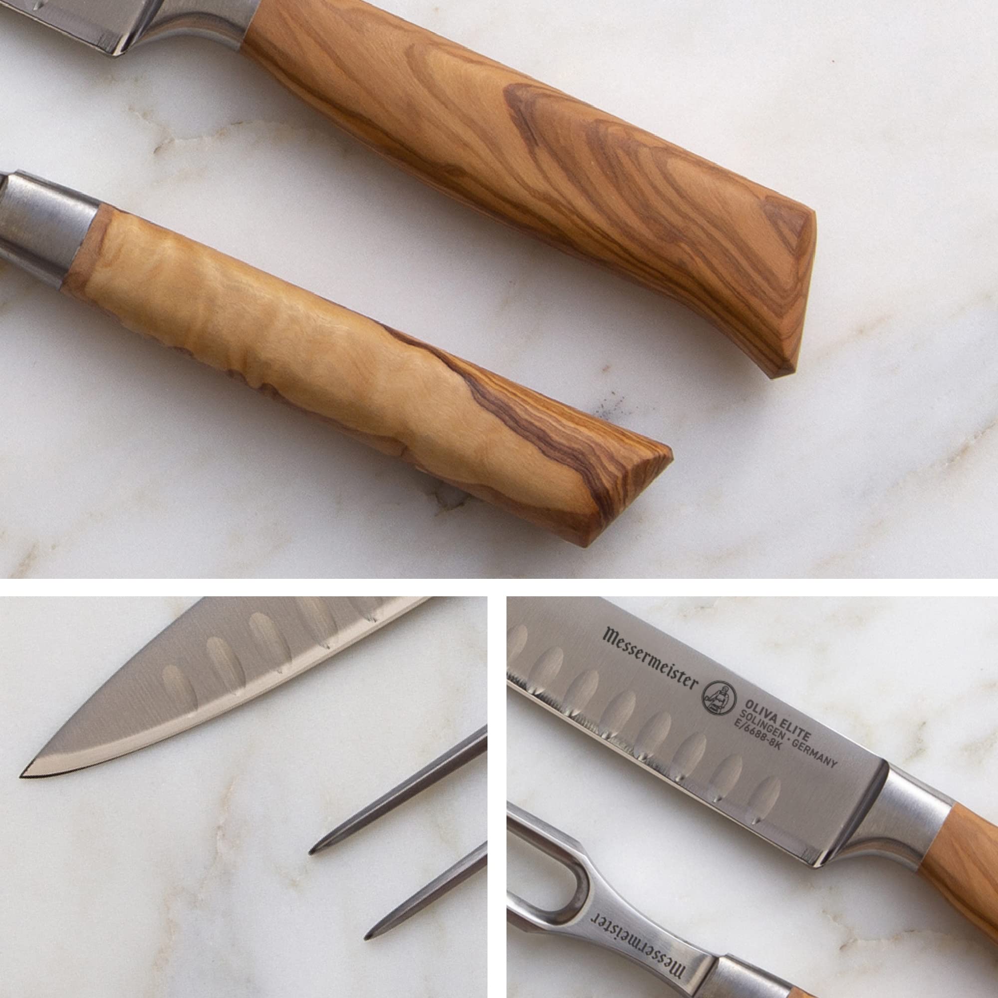 Messermeister Oliva Elite Kullenschliff Carving Knife Set - Includes 8” Kullenschliff Carving Knife & 6” Straight Carving Fork - German Steel Alloy Blade & Mediterranean Wood Handle