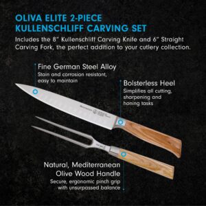 Messermeister Oliva Elite Kullenschliff Carving Knife Set - Includes 8” Kullenschliff Carving Knife & 6” Straight Carving Fork - German Steel Alloy Blade & Mediterranean Wood Handle