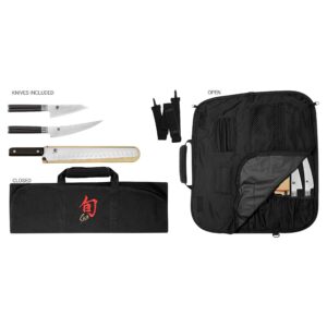 shun cutlery classic 4 piece bbq knife set, kitchen knife set with knife roll, includes 4.5" asian multi-prep knife, 6" boning/fillet knife, and 12" brisket knife, handcrafted japanese kitchen knives