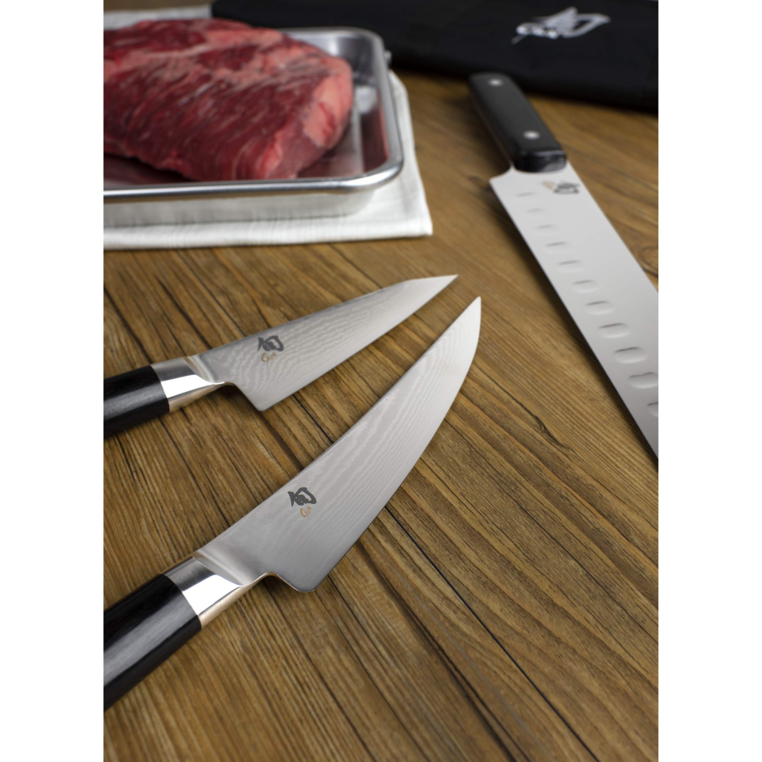 Shun Cutlery Classic 4 Piece BBQ Knife Set, Kitchen Knife Set with Knife Roll, Includes 4.5" Asian Multi-Prep Knife, 6" Boning/Fillet Knife, and 12" Brisket Knife, Handcrafted Japanese Kitchen Knives
