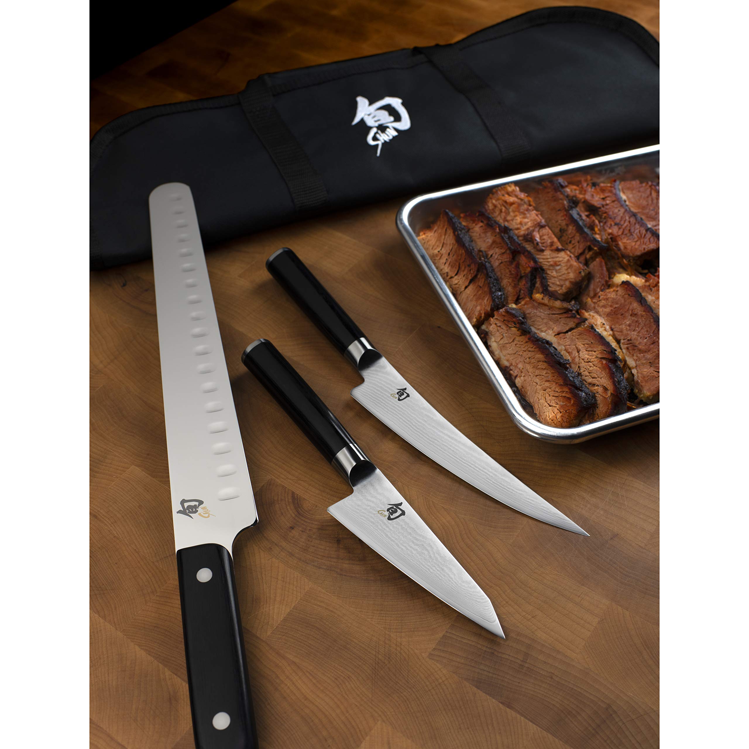 Shun Cutlery Classic 4 Piece BBQ Knife Set, Kitchen Knife Set with Knife Roll, Includes 4.5" Asian Multi-Prep Knife, 6" Boning/Fillet Knife, and 12" Brisket Knife, Handcrafted Japanese Kitchen Knives