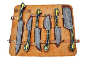 custom handmade damascus chef knives set/kitchen knives 6 pieces set ss-17321 (yellow resin) (yellow ans black)