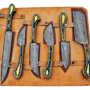 Custom Handmade Damascus Chef Knives Set/Kitchen Knives 6 Pieces Set SS-17321 (Yellow Resin) (Yellow ans Black)