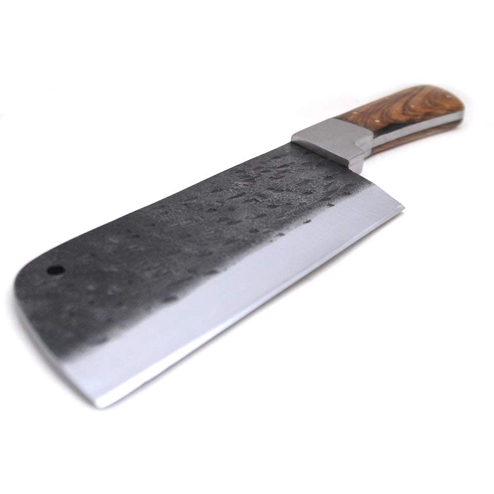 Wild Turkey Handmade Collection 1075 High Carbon Steel Full Tang Butcher Knife Handmade Forged Kitchen Chef Knife High Carbon Steel Butcher Cleaver with Leather Knife Sheath. (Wood)