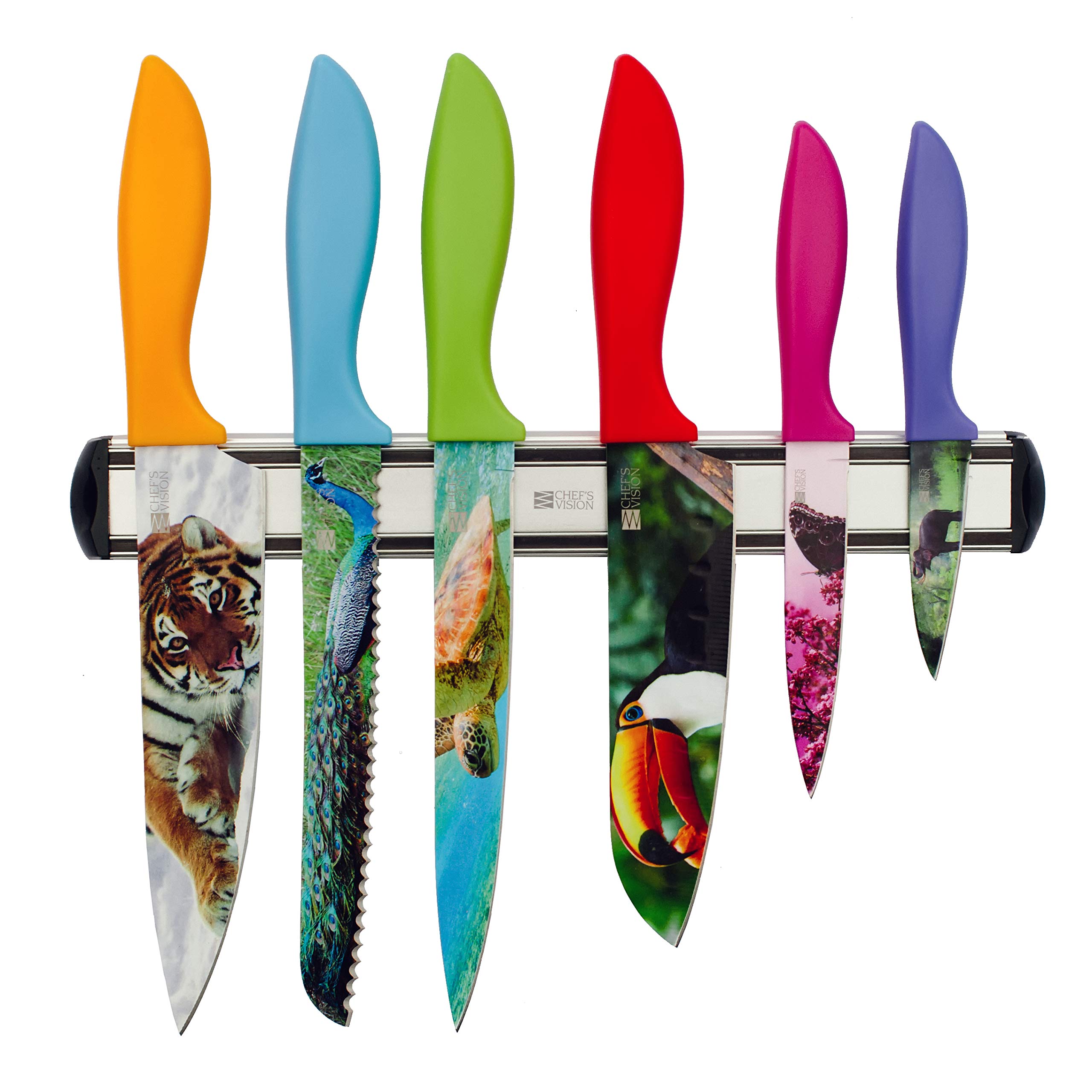 CHEF'S VISION Wildlife Knife Set Bundle With BEHOLD Wall-Mounted Magnetic Holder Silver