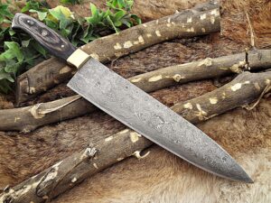 damascus steel kitchen knife, 14 inches long with 9" long hand forged blade, 2 tone dollar wood scale with brass bolster