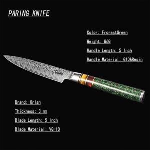 Orlan 5-Inch Utility Knife, Paring Knife Japanese VG10 Stainless Steel Beautiful Pattern and G10 Handle with Special Resin Ring Professional Damascus Knife - ForestGreen