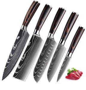 professional chef knife set 5 pieces, kitchen knives set stainless steel with wood handle chef knife cooking utility bread slicing peeling boning knife (5pcs-knifesets)