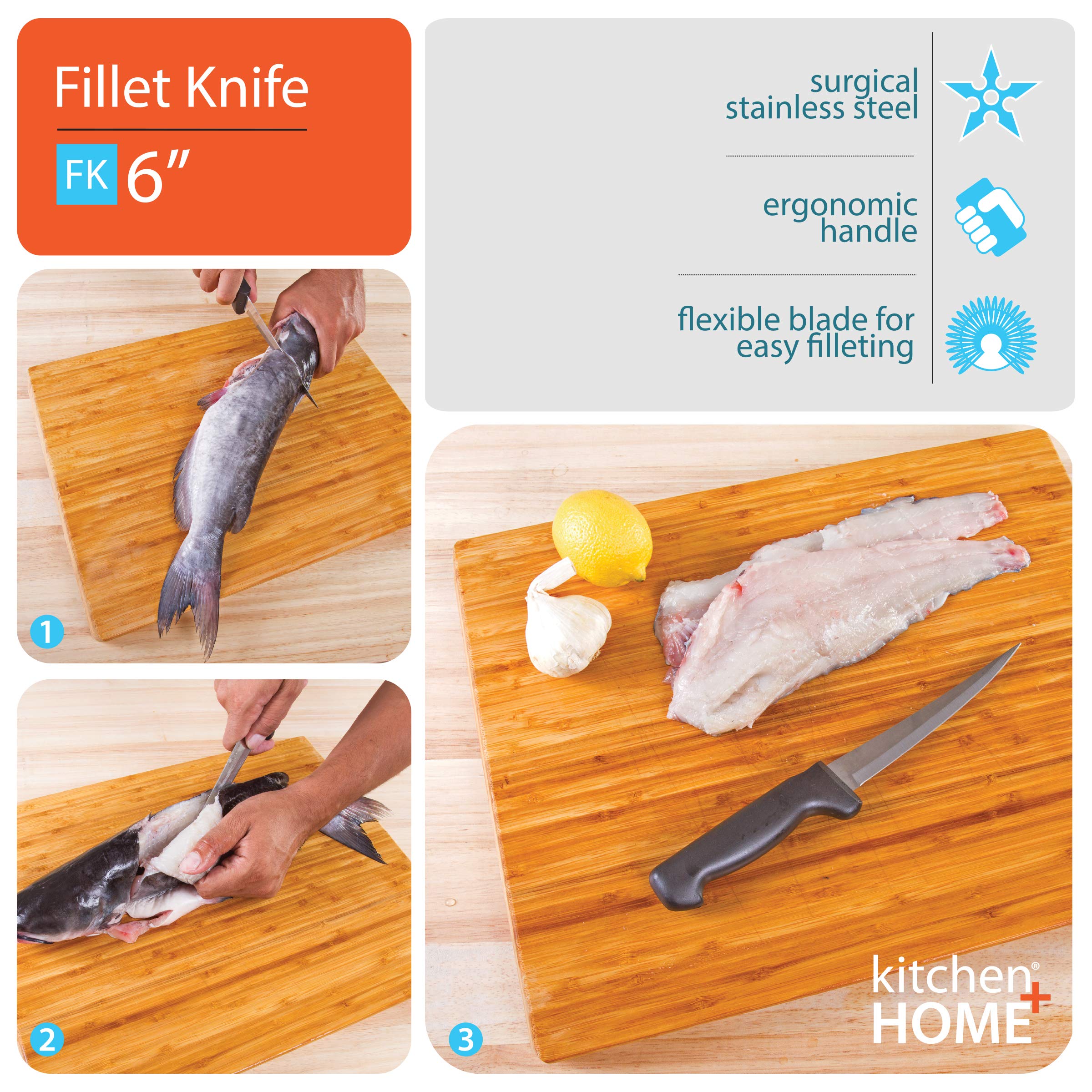 Kitchen + Home Fillet Knife – Flexible 7” Ultra Sharp Surgical Stainless Steel Curved Boning Knife