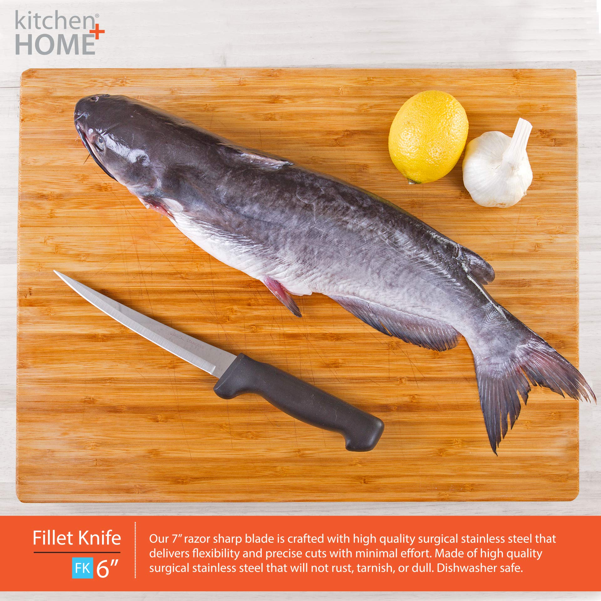 Kitchen + Home Fillet Knife – Flexible 7” Ultra Sharp Surgical Stainless Steel Curved Boning Knife