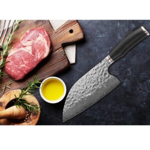 YOUSUNLONG Hybrid Cleaver 8 inch Meat Cleaver Outdoor Serbian Chef Knife-Japanese Damascus Steel - Natural Leadwood Handle with Leather