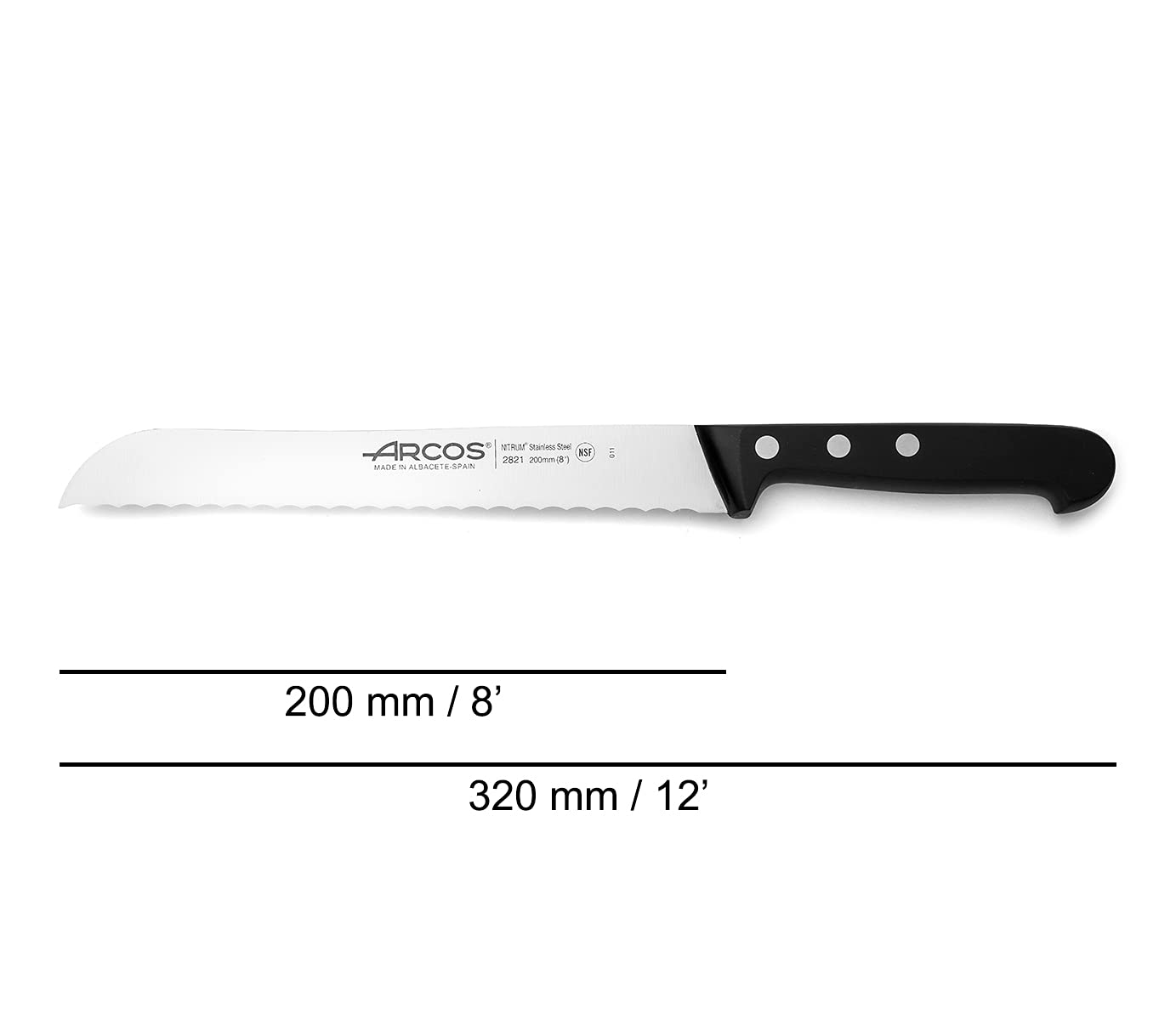 ARCOS Bread Knife 8 Inch Stainless Steel. Kitchen Serrated Knife with Ergonomic Polyoxymethylene Handle and 240mm Blade. Series Universal. Color Black