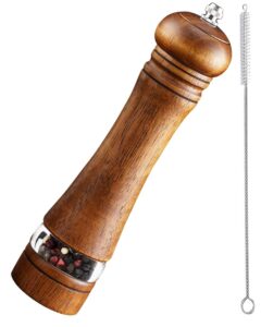toowoom pepper grinder salt grinder wooden pepper mill grinder w/adjustable coarse, 8 inch tall wood refillable manual pepper grinder mill peppermill for black peppercorn, easy clean w/cleaning brush