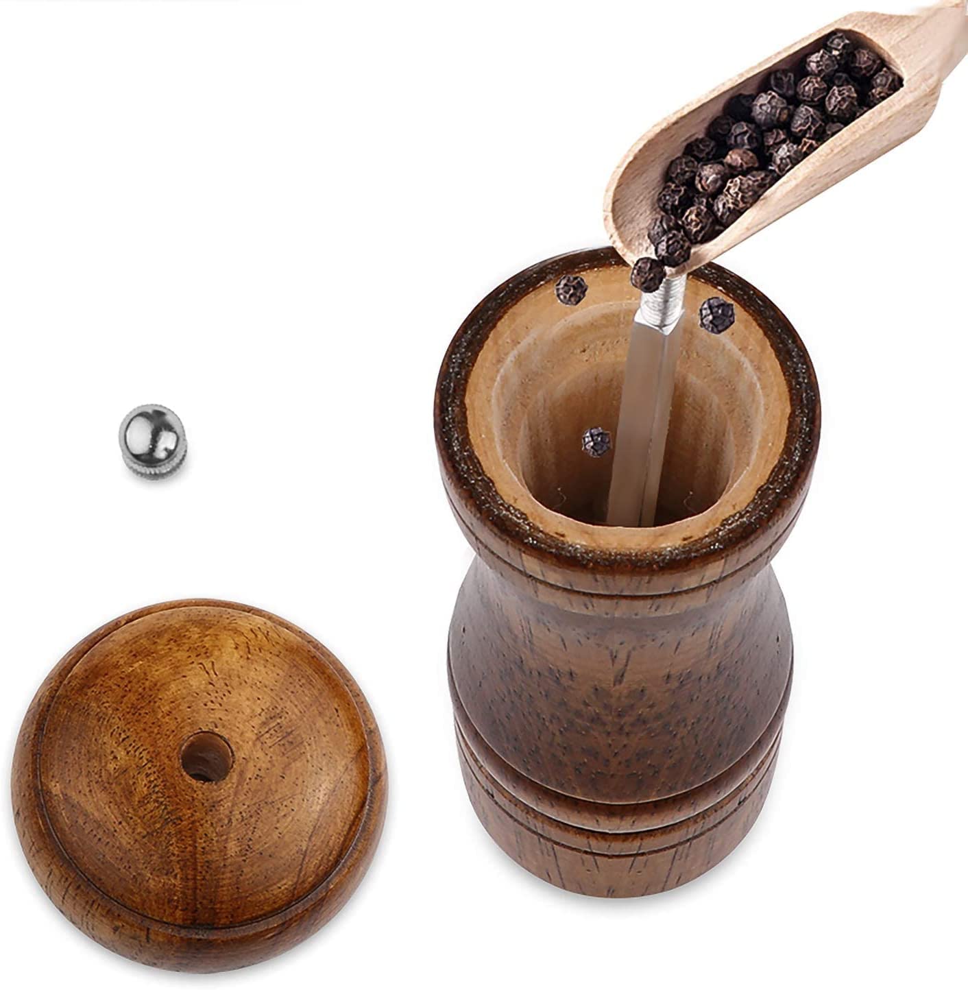 Pepper Grinder - 5 inch Pepper Mill Pepper Grinder Refillable Oak Salt and Pepper Grinder Set Sea Salt grinder Ceramic Pepper Mill Grinder Adjustable (1 Pack)