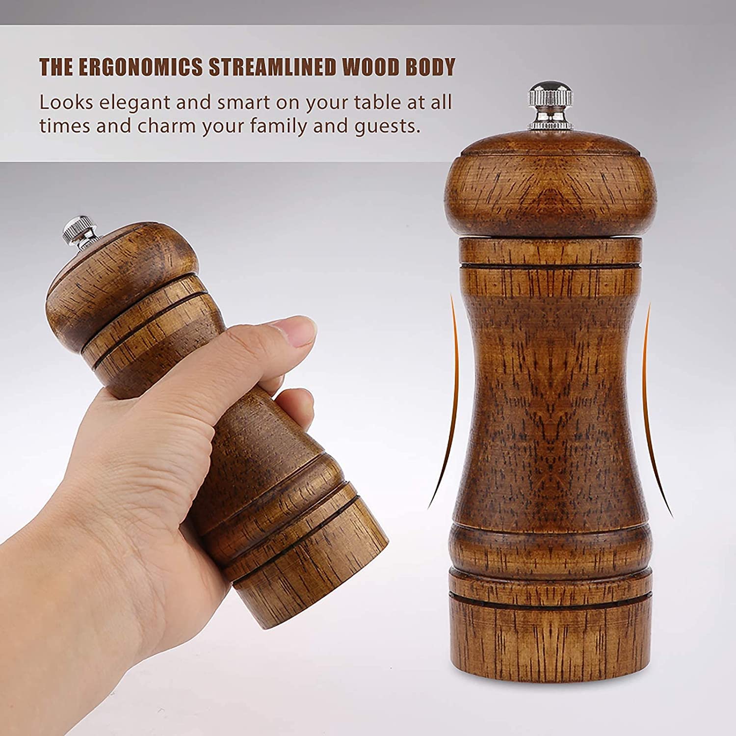 Pepper Grinder - 5 inch Pepper Mill Pepper Grinder Refillable Oak Salt and Pepper Grinder Set Sea Salt grinder Ceramic Pepper Mill Grinder Adjustable (1 Pack)