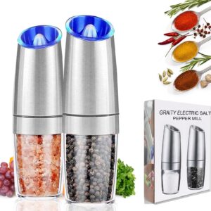 avnicud electric salt and pepper grinder, automatic pepper mill, gravity salt grinder, battery-operated with adjustable coarseness, led light, one hand operated (silver 2pack)