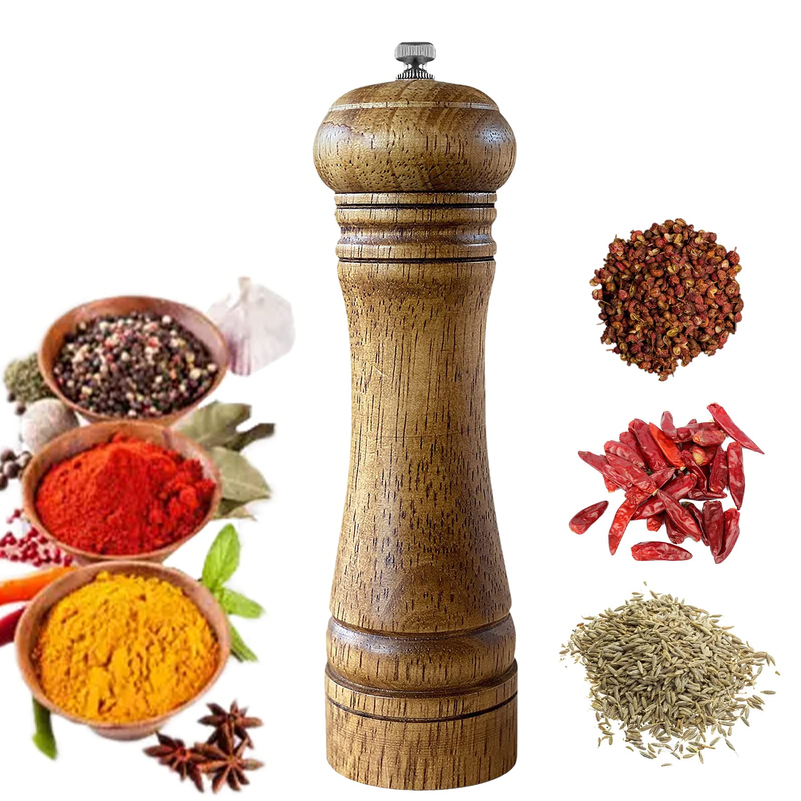 pepper grinder,UMIKAkitchen SYNCHKG087844 KITCHEN Pepper Mill [One Year Warranty], Solid Wood Body with Adjustable Grinder 8"(1 Piece), 1