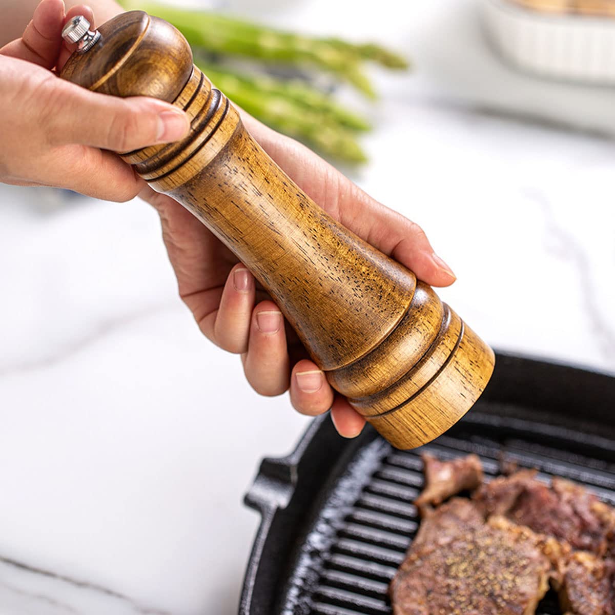 Wooden Pepper Grinder, Pepper Mill Kit Wood Manual mills Solid With Strong Adjustable Ceramic Grinders 8 "