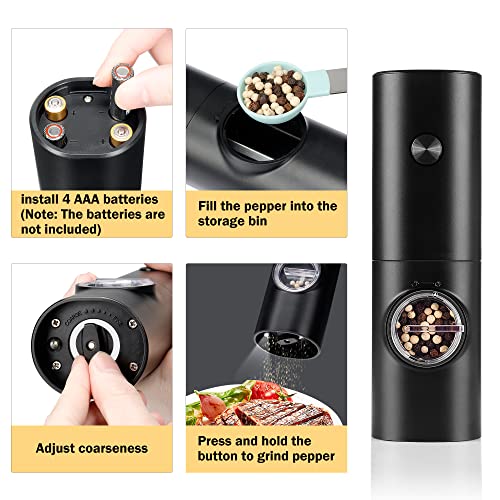 Electric Pepper Grinder or Salt Mill, Battery Powered Automatic Pepper Mill, Ceramic Grinder with Adjustable Coarseness, LED Light, and Salt Mill Refillable, One Hand Operation (1 pack)