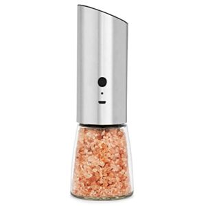 Rechargeable Electric Pepper Grinder, Automatic Gravity Salt Mill with Adjustable Coarseness, Brushed Stainless Steel, Ceramic Blades and Refillable Glass (Silver grinder - 1 unit)