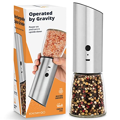 Rechargeable Electric Pepper Grinder, Automatic Gravity Salt Mill with Adjustable Coarseness, Brushed Stainless Steel, Ceramic Blades and Refillable Glass (Silver grinder - 1 unit)