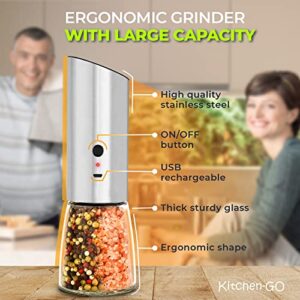 Rechargeable Electric Pepper Grinder, Automatic Gravity Salt Mill with Adjustable Coarseness, Brushed Stainless Steel, Ceramic Blades and Refillable Glass (Silver grinder - 1 unit)