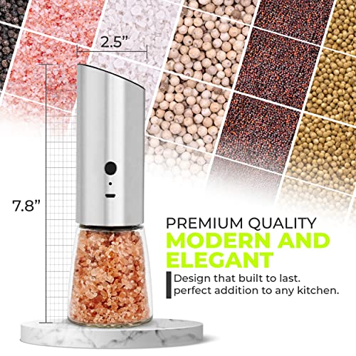 Rechargeable Electric Pepper Grinder, Automatic Gravity Salt Mill with Adjustable Coarseness, Brushed Stainless Steel, Ceramic Blades and Refillable Glass (Silver grinder - 1 unit)