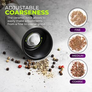Rechargeable Electric Pepper Grinder, Automatic Gravity Salt Mill with Adjustable Coarseness, Brushed Stainless Steel, Ceramic Blades and Refillable Glass (Silver grinder - 1 unit)