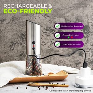 Rechargeable Electric Pepper Grinder, Automatic Gravity Salt Mill with Adjustable Coarseness, Brushed Stainless Steel, Ceramic Blades and Refillable Glass (Silver grinder - 1 unit)