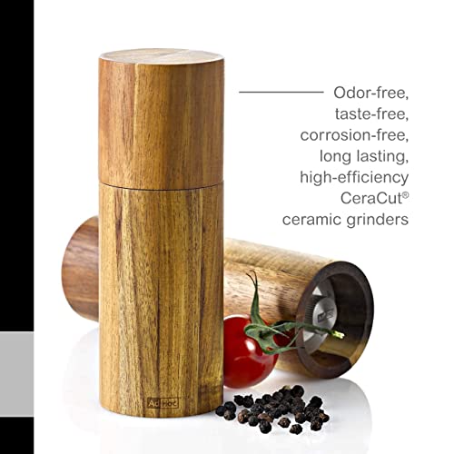 Adhoc Acacia Wood Salt or Pepper Mill - Wood Salt & Pepper Grinders with an Aroma Cap - Refillable Spice Tools - Hand Wash Kitchen Gadget - Brown, 5.5"