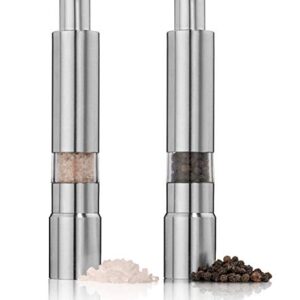 Salt and Pepper Grinder Set of 2,Stainless Steel Push Button Grinder Modern Design Thumb Grinder, for Black Pepper, Sea Salt and Himalayan Salt, Spice and Salt