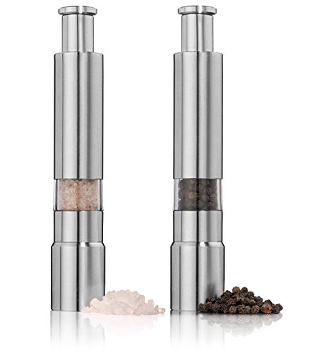 Salt and Pepper Grinder Set of 2,Stainless Steel Push Button Grinder Modern Design Thumb Grinder, for Black Pepper, Sea Salt and Himalayan Salt, Spice and Salt