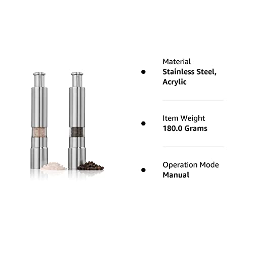 Salt and Pepper Grinder Set of 2,Stainless Steel Push Button Grinder Modern Design Thumb Grinder, for Black Pepper, Sea Salt and Himalayan Salt, Spice and Salt