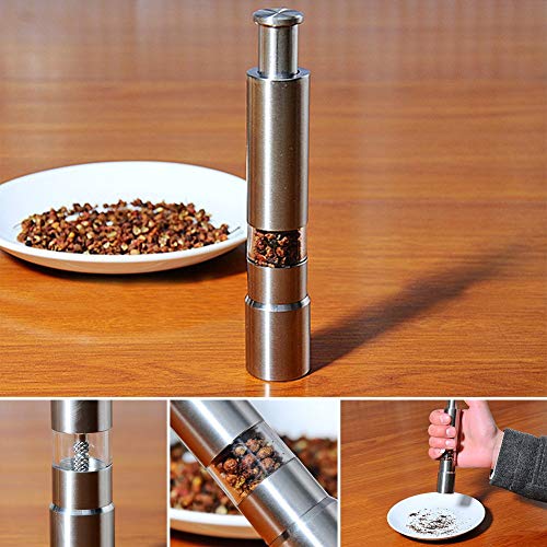 Salt and Pepper Grinder Set of 2,Stainless Steel Push Button Grinder Modern Design Thumb Grinder, for Black Pepper, Sea Salt and Himalayan Salt, Spice and Salt